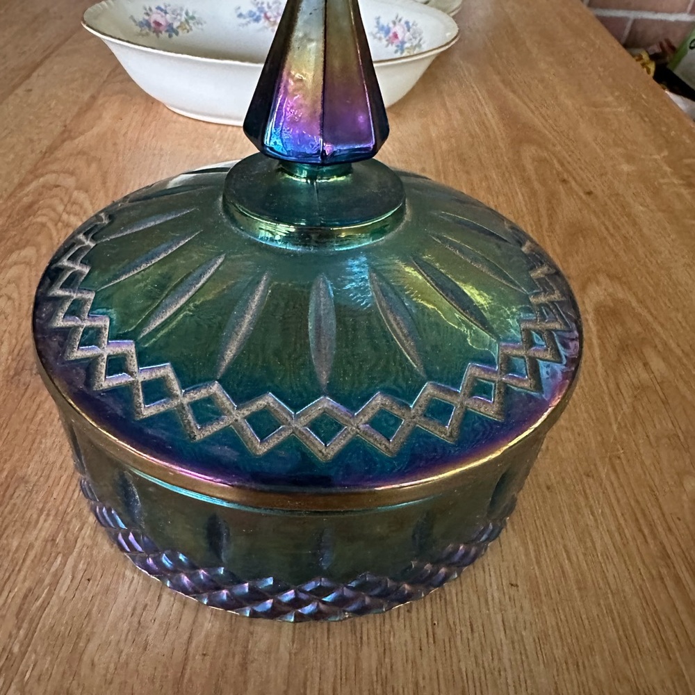 Vintage iridescent carnival glass candy dish Nice!!